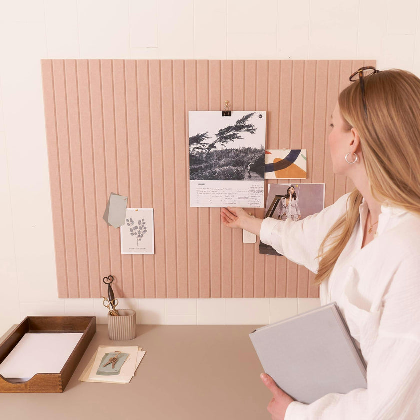 Large Felt Bulletin Board - Stylish 35" x 47" Cork Board Alternative for Office & Wall Decor - 12 Adhesive Tiles w/Golden Pins to Display Your Photos