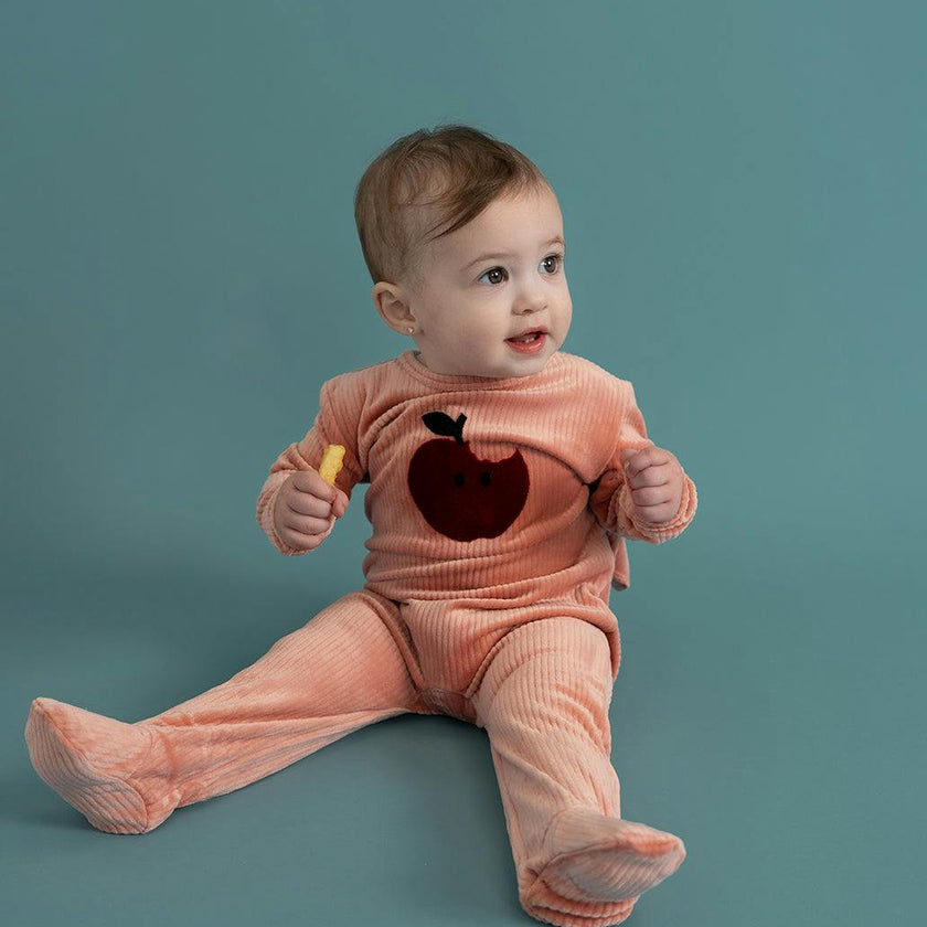 Apple Print Cotton Velour Onesie Clay