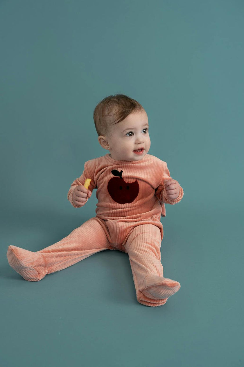 Apple Print Cotton Snap Front Velour Romper