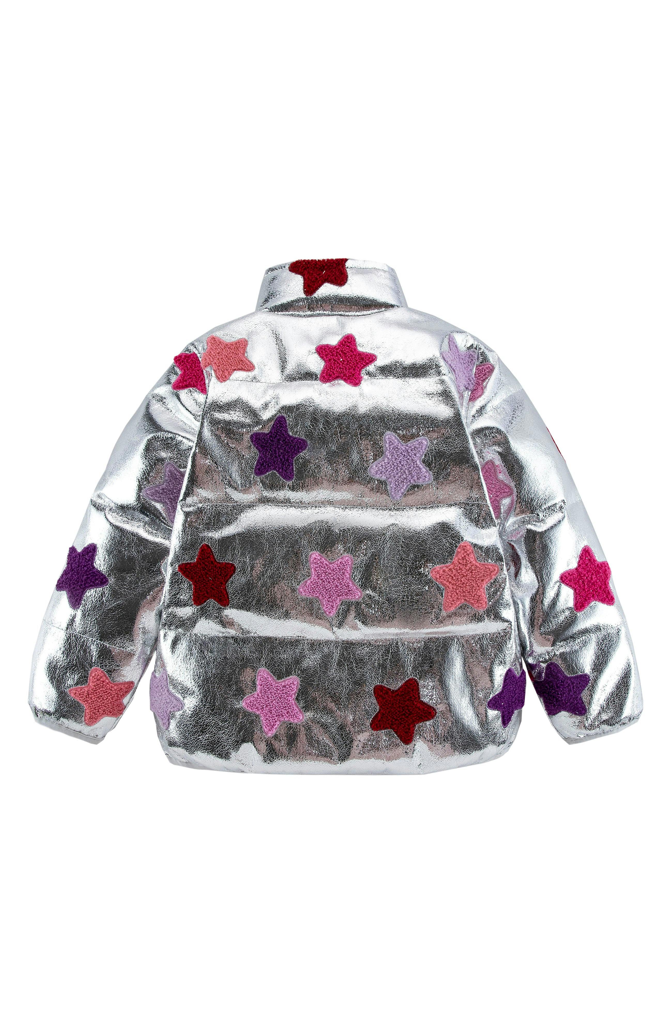 Reese Metallic Patch Puffer Jacket, Silver Stars