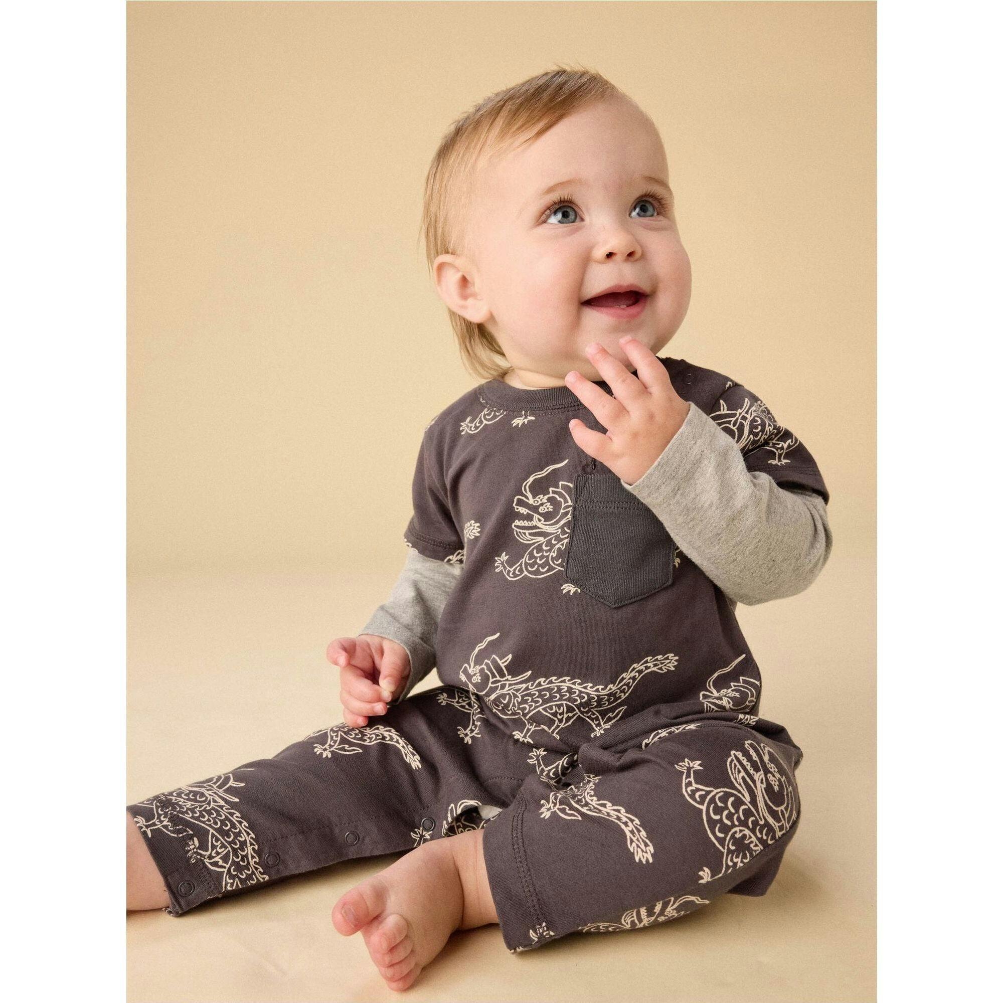 Layered Button-Up Baby Romper, Grey