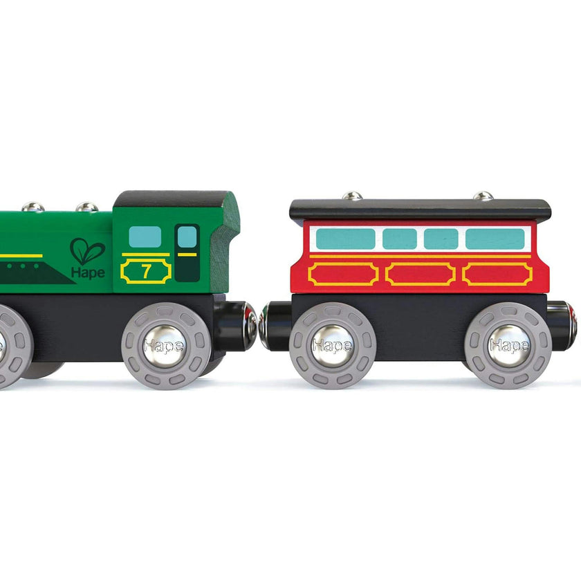 Hape: Steam-Era Passenger Train&nbsp;- Green & Red - 3pc Wooden Locomotive Toy