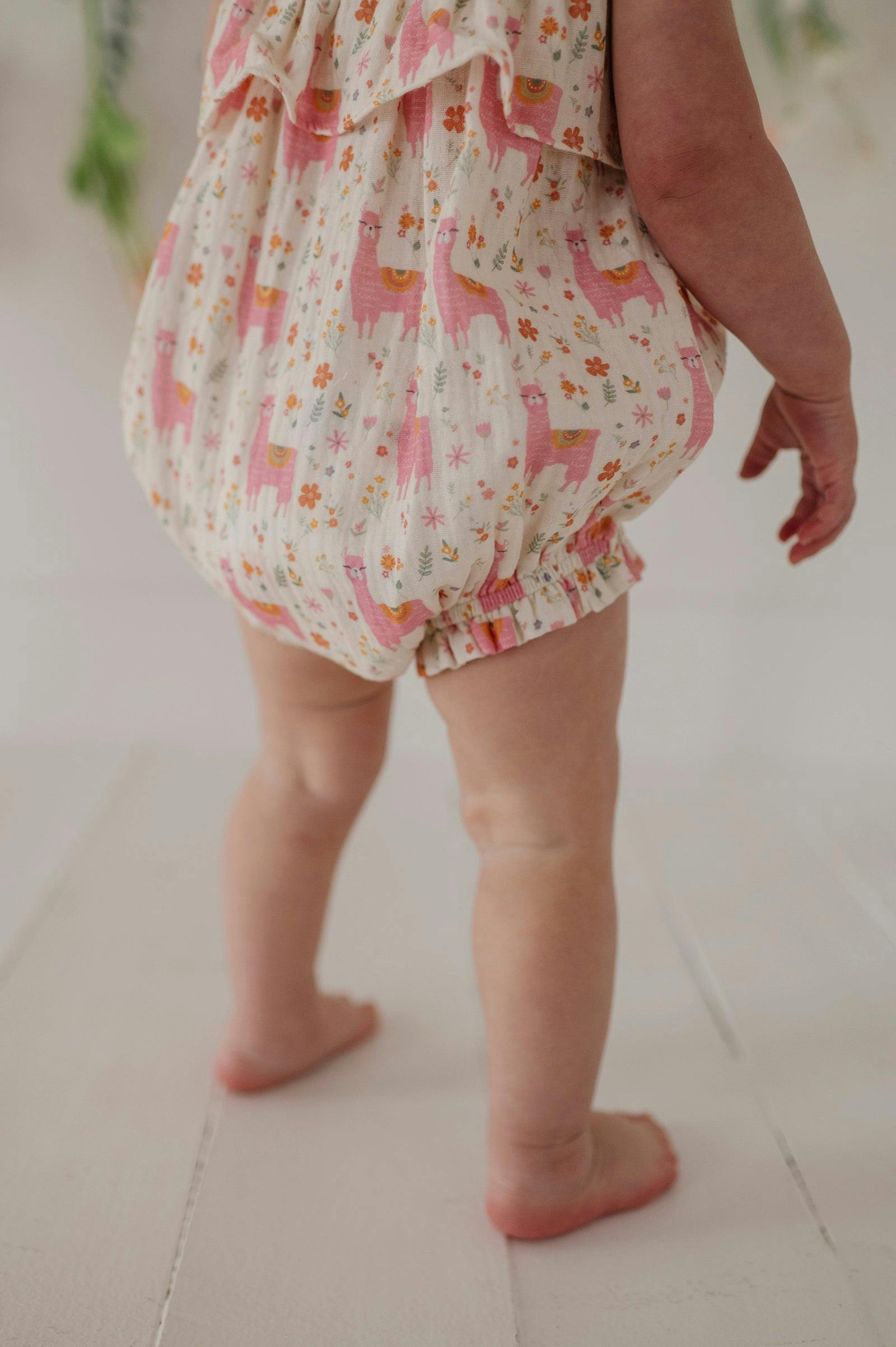 Baby Girl Gauze Bubble Romper in Llamas