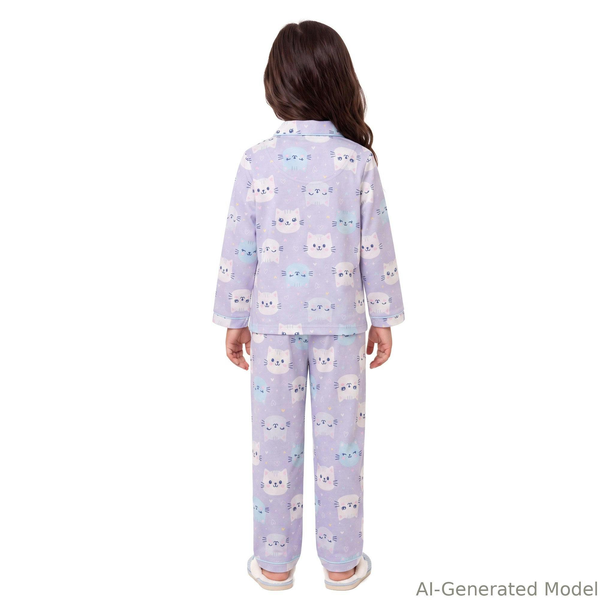 Girls Buttondown Pajama Set | Kitty Cats - Purple