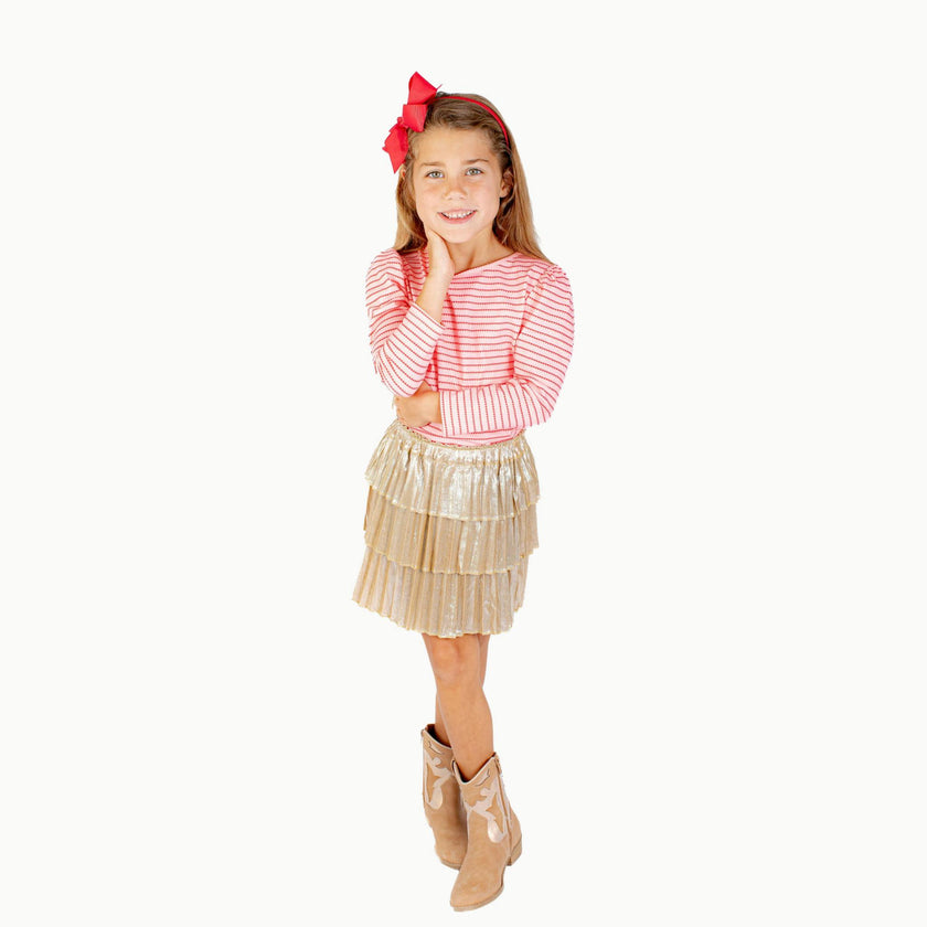 Long Sleeve Puff Sleeve Tee in Pink & Red Heart Stripe