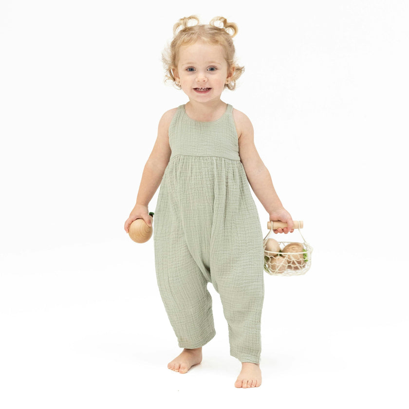 Solid Muslin Desert Green - Tie Back Romper