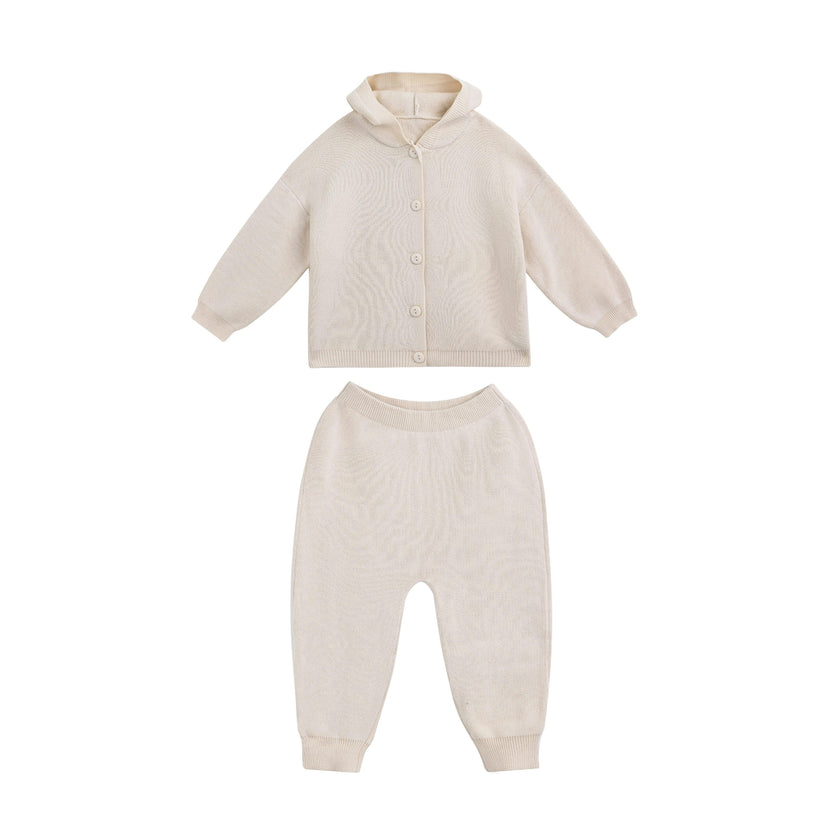 Beige Cotton Knit Hoodie Set