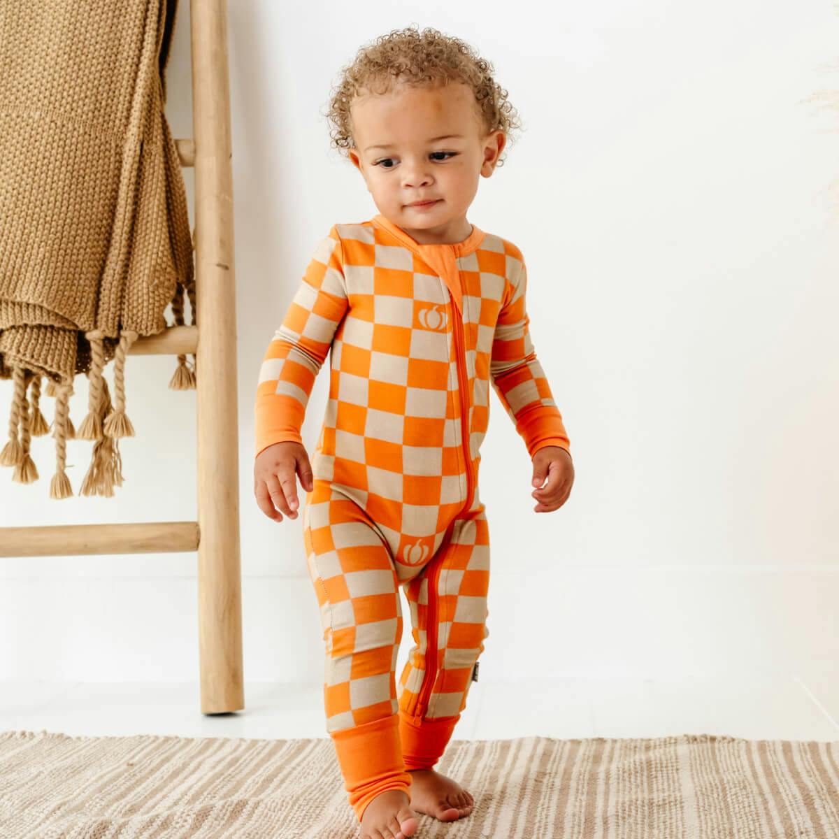 Baby Bamboo Pajamas w/ DreamCuffs® - Pumpkin Checkerboard