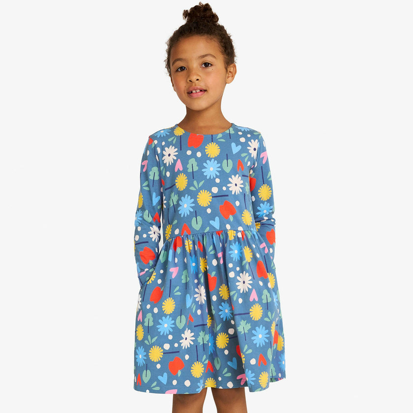 Kids long sleeve perfect pocket dress in rainbow garden party
