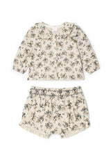 Flower Print Lace Trimmed Button Front Top and Bottom Two Piece Set