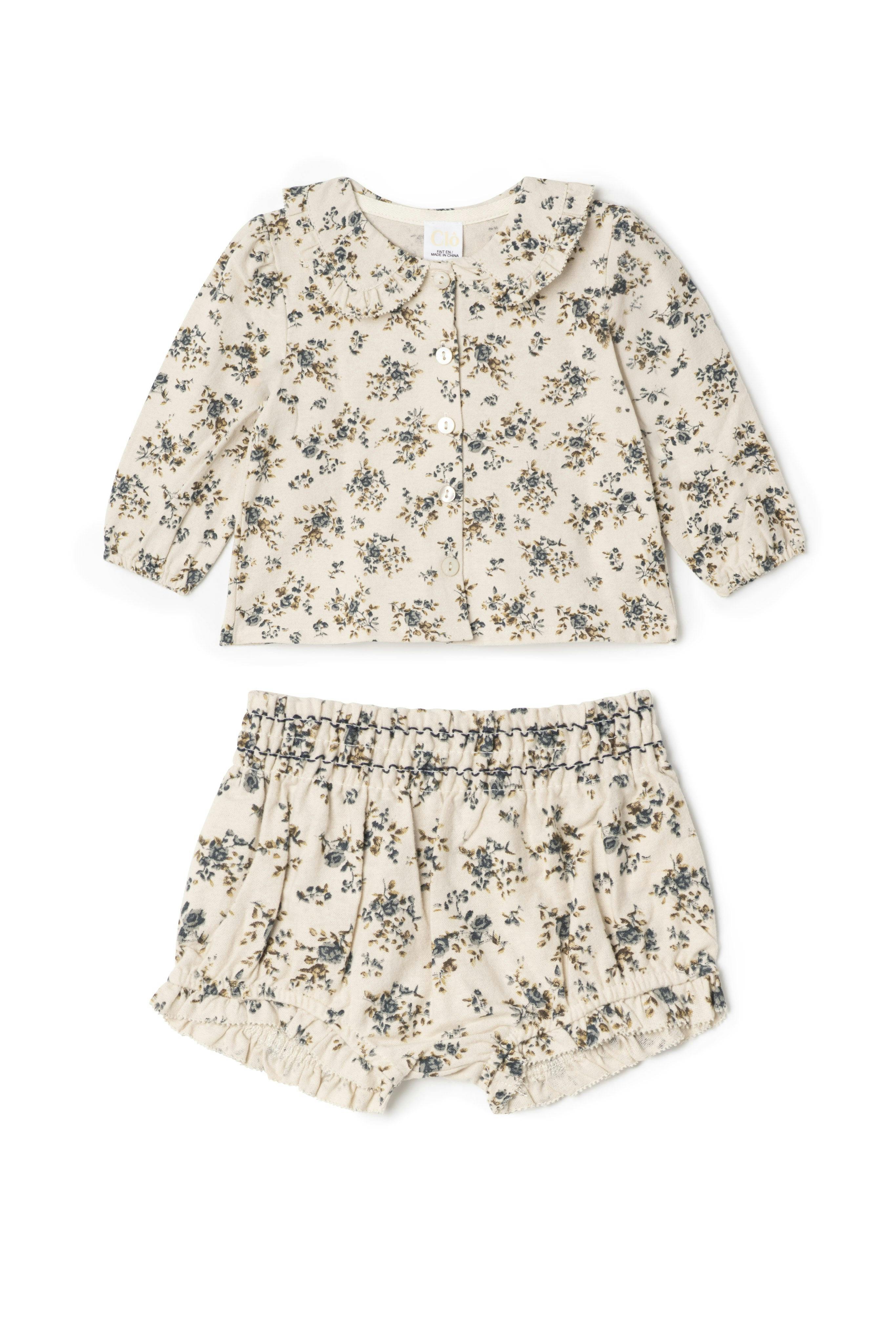 Flower Print Lace Trimmed Button Front Top and Bottom Two Piece Set
