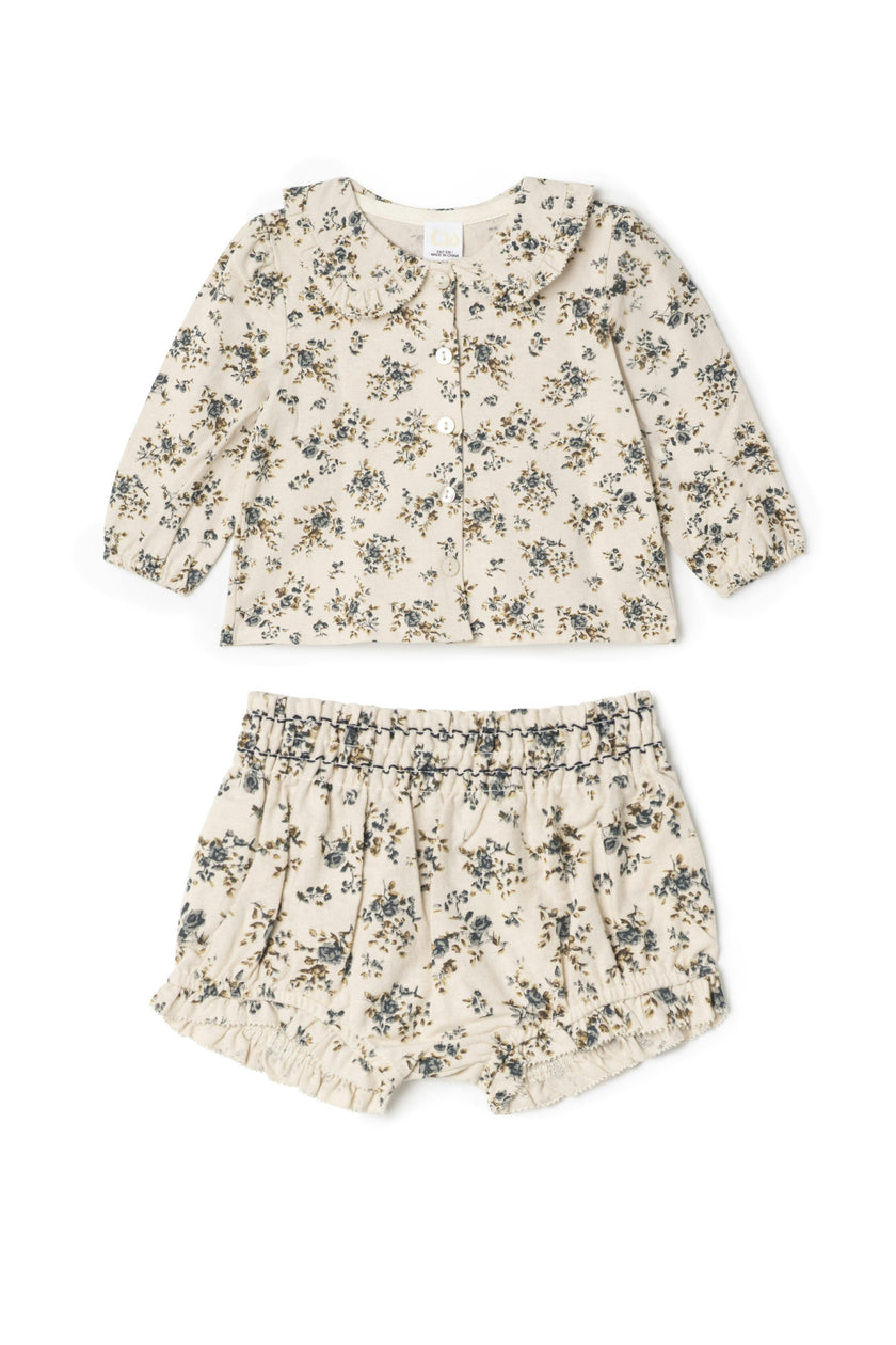 Flower Print Lace Trimmed Button Front Top and Bottom Two Piece Set