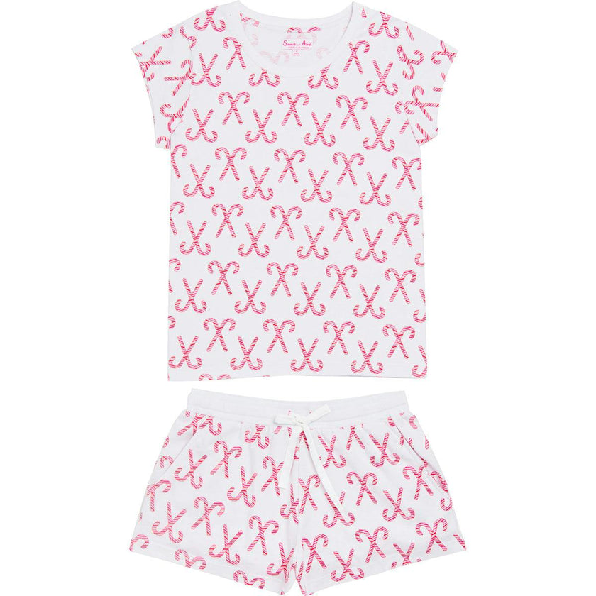 Women's Candy Cane Short PJ Set - Red White Organic Stretch Jersey Knit Cotton
