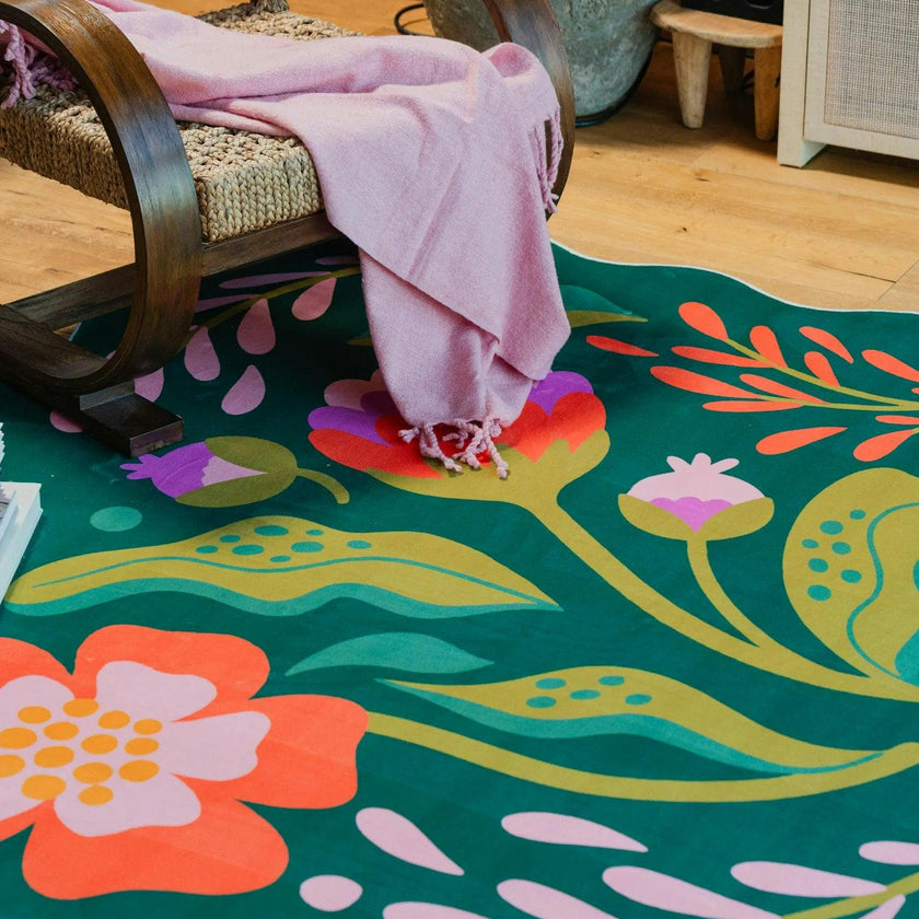 Green Base Pink Floral Wavy Rug by Jessica Miller