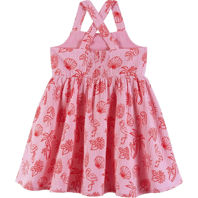 Kids Pink Tropical Icon Printed Gauze Dress