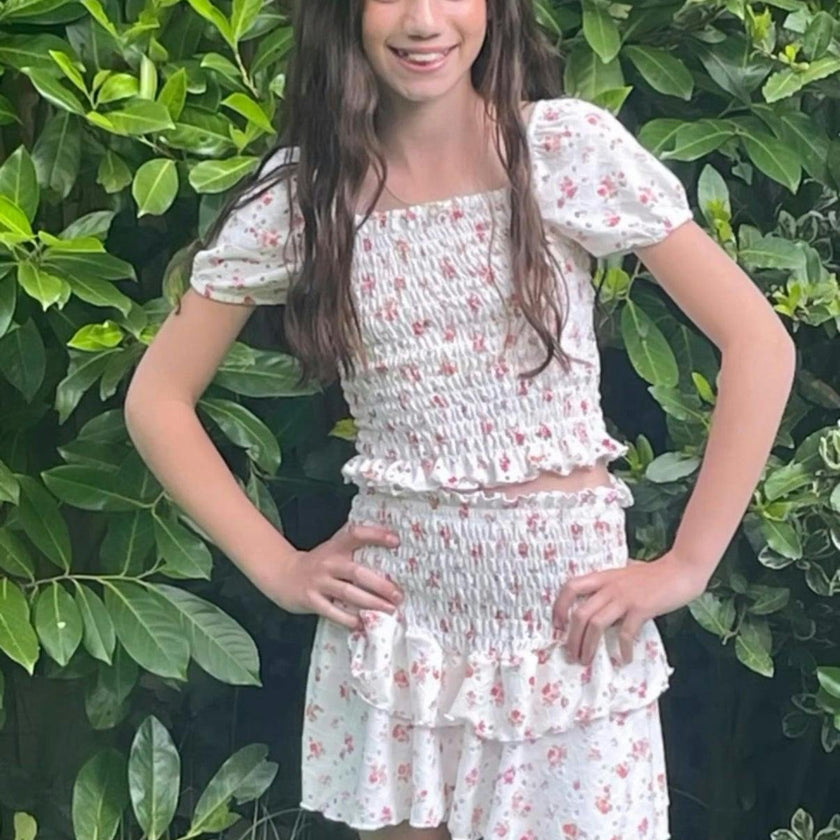 Girls Smock Eyelet 2 Piece Skirt Set