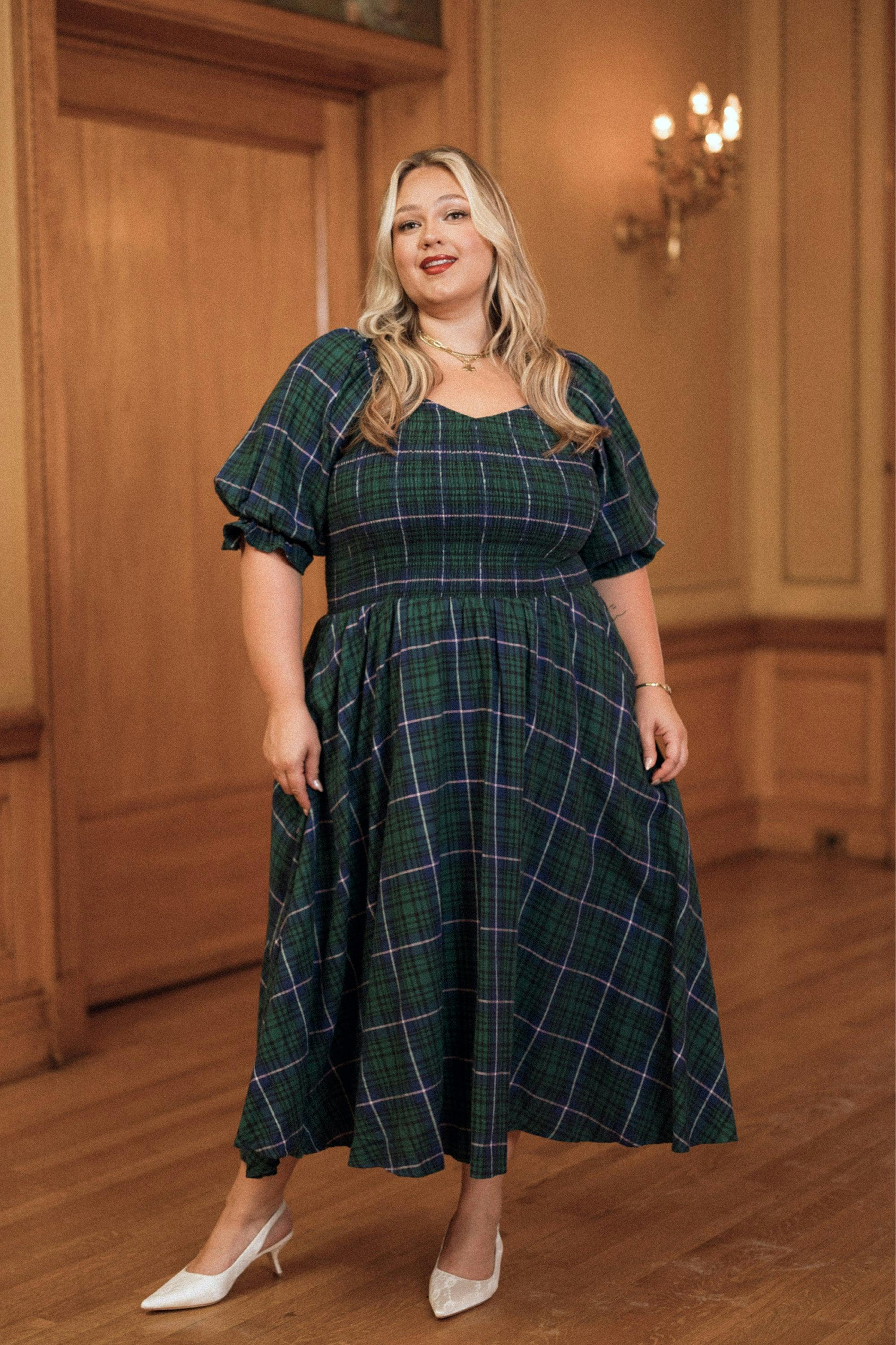 Teagan Dress in Emerald Plaid