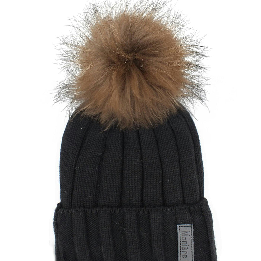 Ribbed Merino Wool Hat With Faux Fur Pom