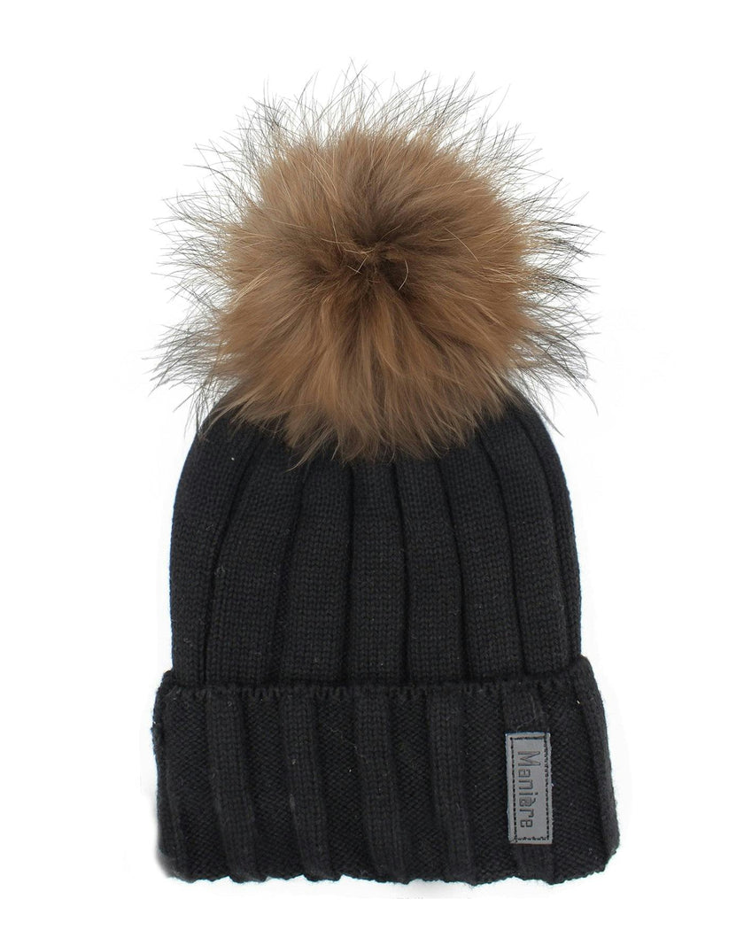 Ribbed Merino Wool Hat With Faux Fur Pom