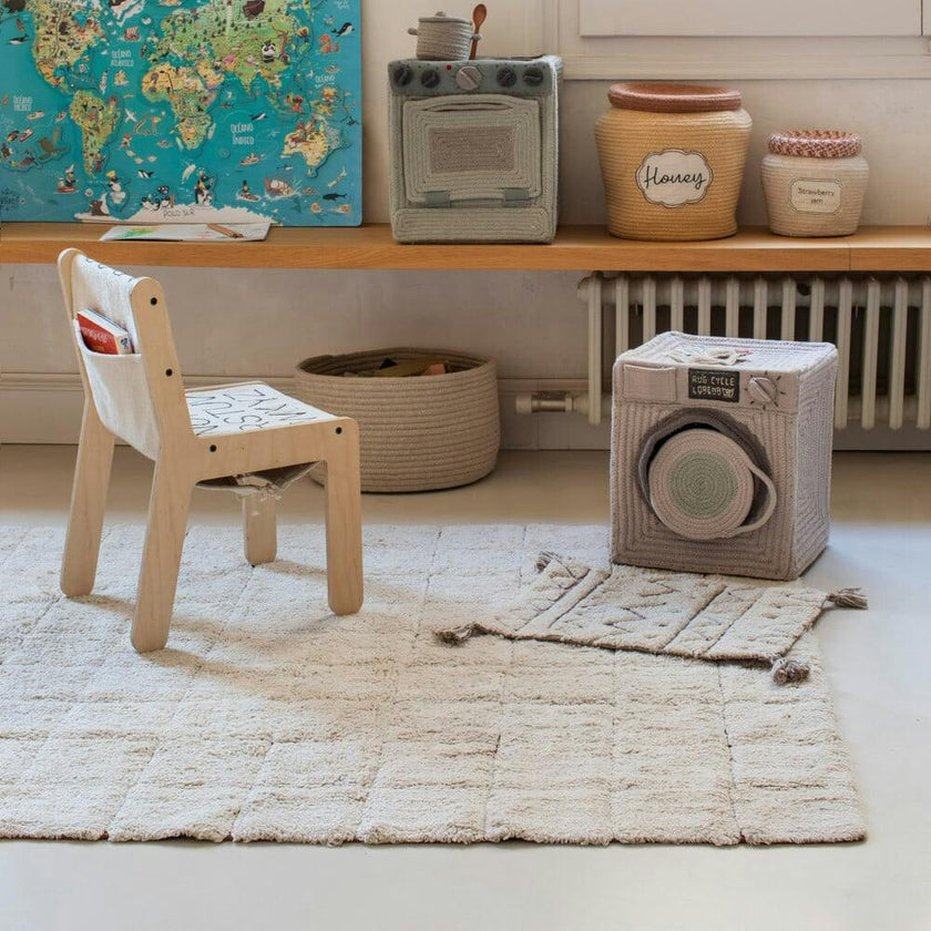 Washable Contrast Base Bordered Plush Tile Rug, Mosaic