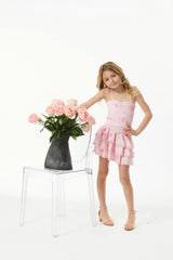 Gemma Vintage Rose Ballet Pink With Pink Lace Satin Smocked Ruffle Mini Skirt