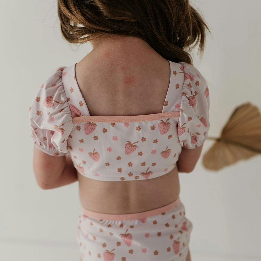 Girls Puff Sleeve Two-Piece Swimsuit in Strawberries