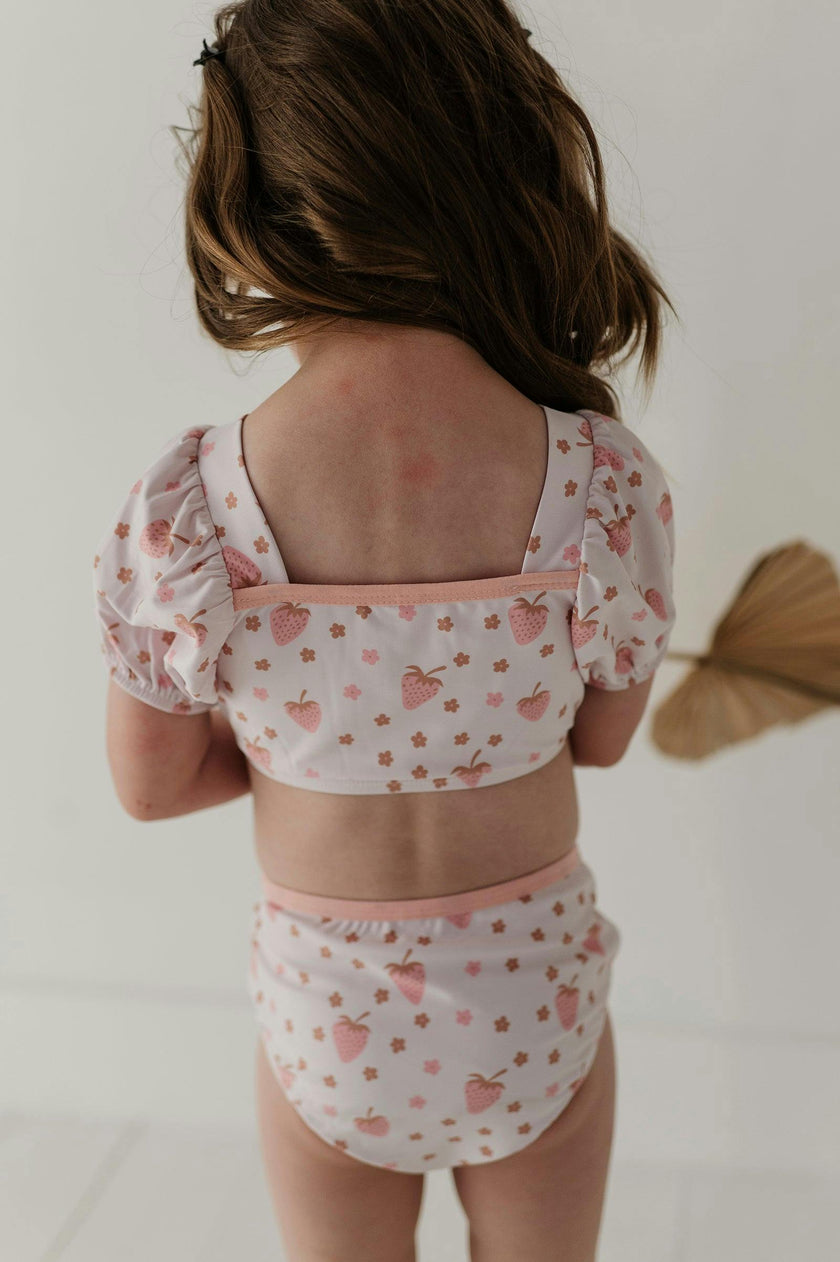 Girls Puff Sleeve Two-Piece Swimsuit in Strawberries