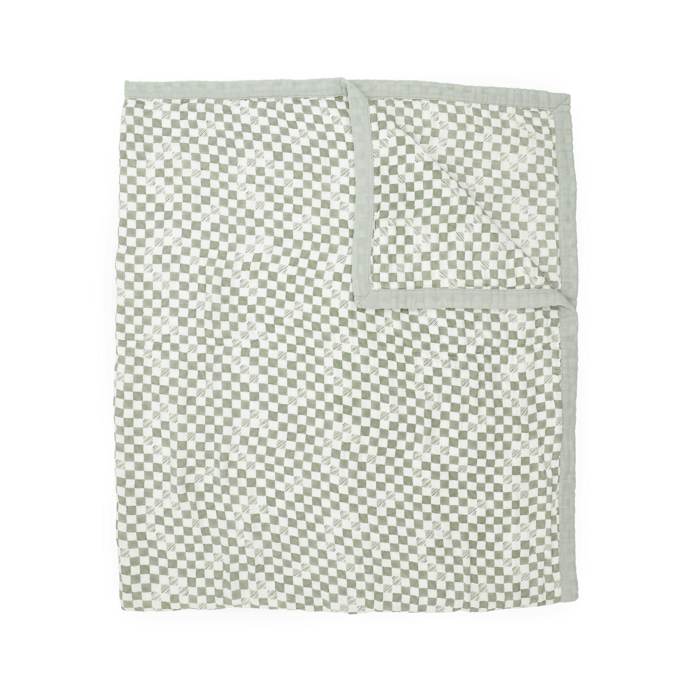 Organic Cotton Muslin Quilted Throw - Green Checker