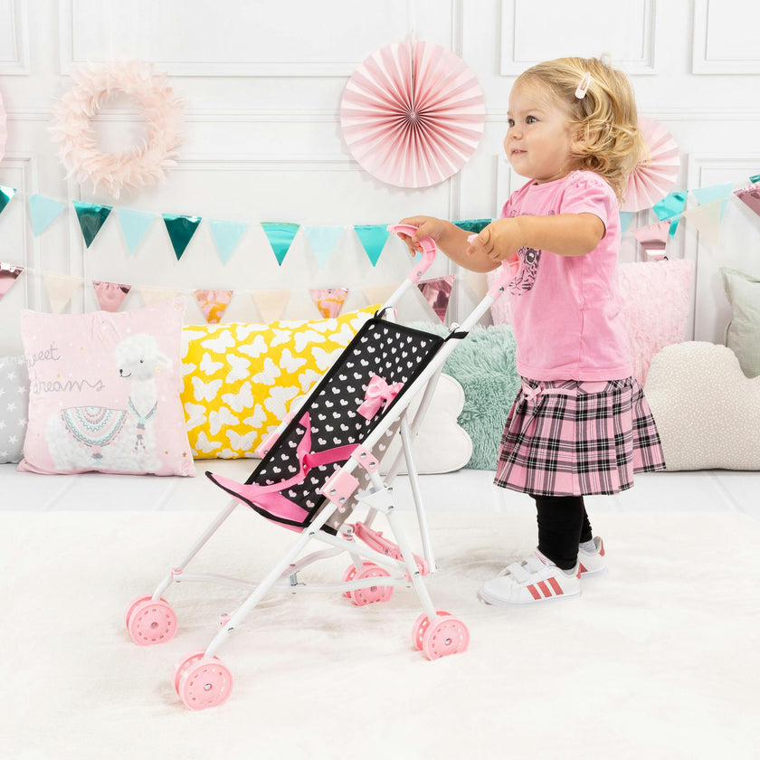 Bayer Design Dolls: Buggy Umbrella Stroller - Hearts Black & Pink