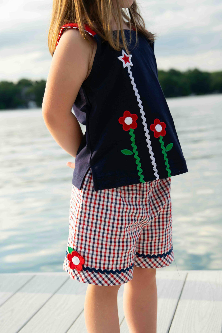 Plaid Seersucker Shorts With Ric Rac & Flowers
