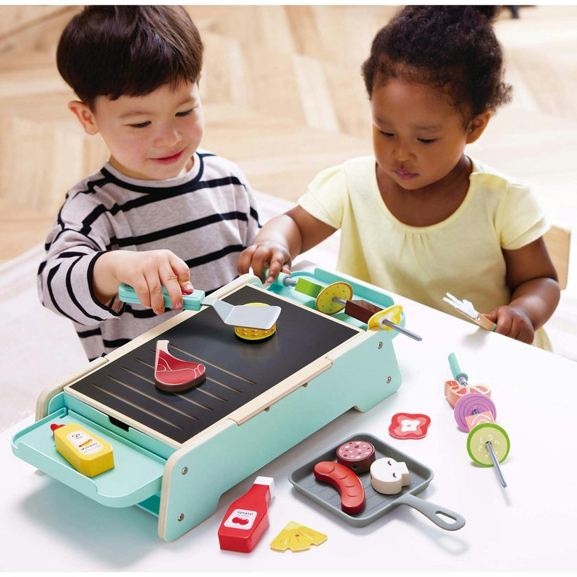 Hape: Sizzling Griddle & Grill BBQ - Teal Wooden Food Playset