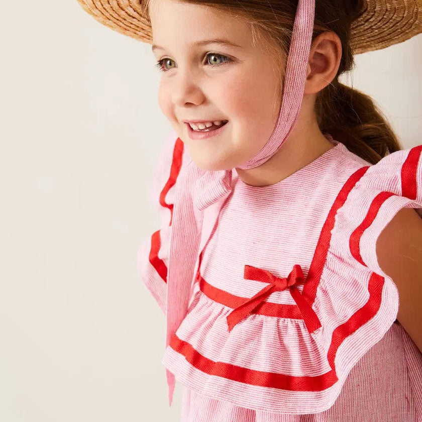 Lawrence Striped Ruffle Bib Sleeveless Dress in Red (12mths-8yrs)
