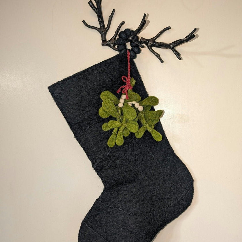Mistletoe Cream Christmas Stocking Hand Felted Wool Arcadia Home