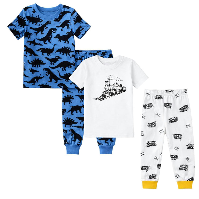 Kids and Toddlers 2 Pack Trains/Dark Dinosaurs Shorts Sleeve Snug Fitted Pajamas