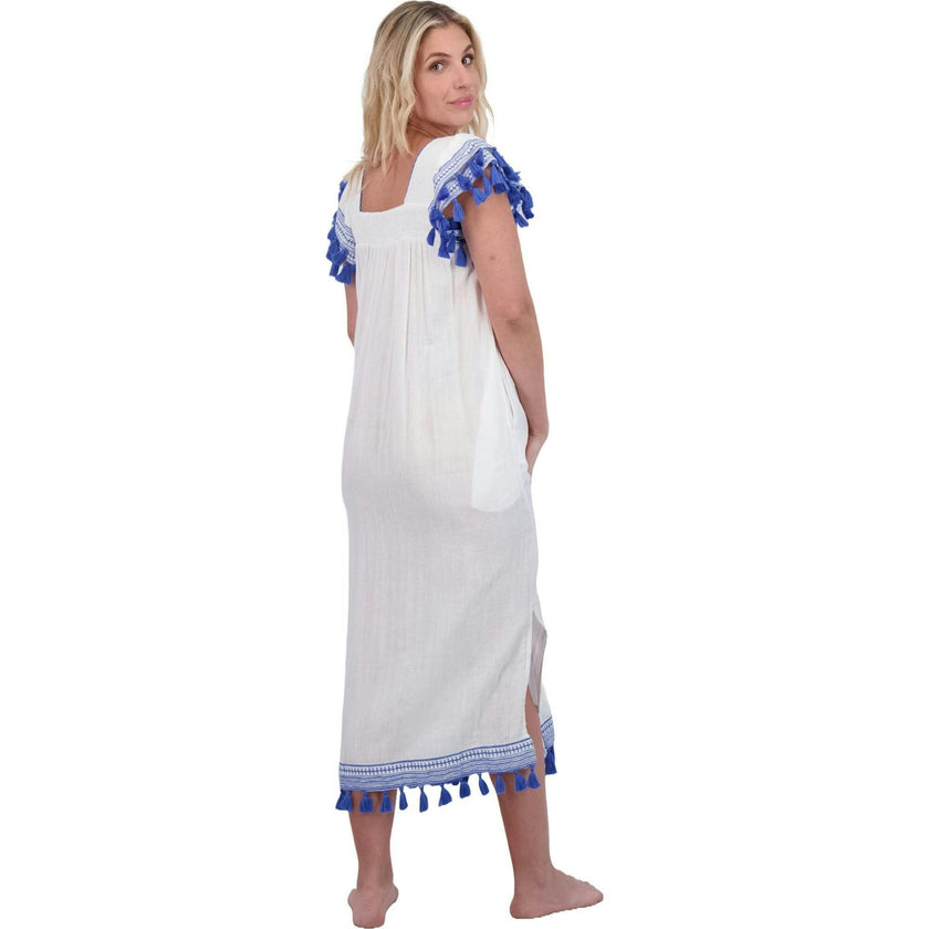 Maxi Sandrine Women's Dress White Lapis Blue Embroidery, Blue