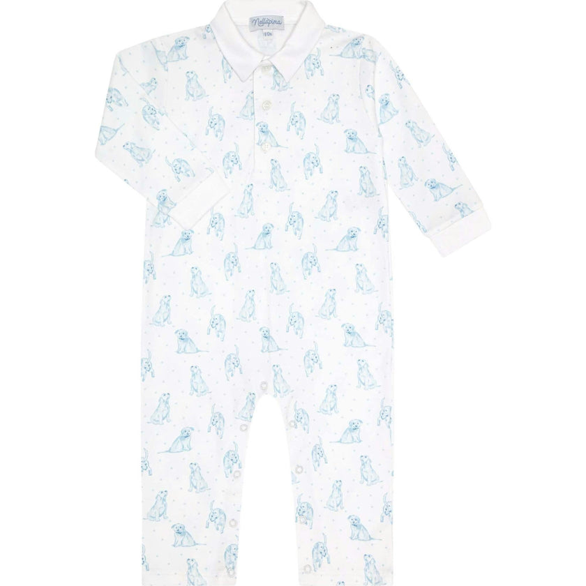 Blue Puppy Love Print Romper long sleeve