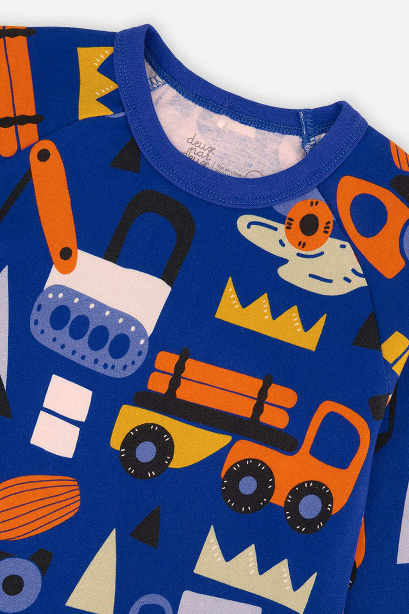 Organic Cotton Two Piece Pajama Set Blue Truck Print