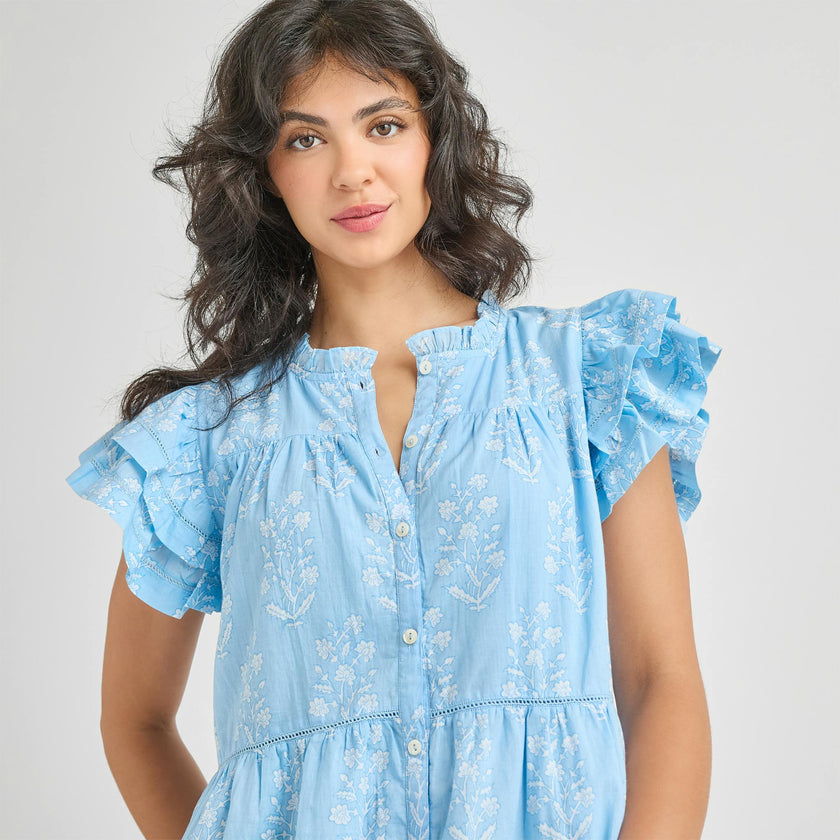 Womens Kalani Ruffle Dress - Blue Dewdrop Block Print