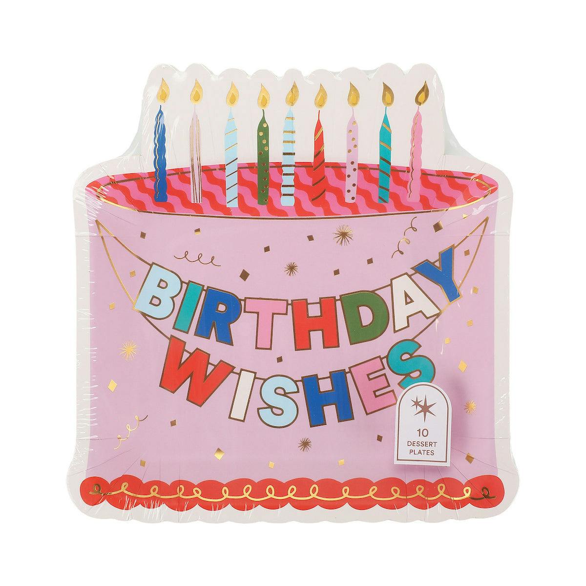 Packed Party Make a Wish Birthday Dessert Plates 10ct - Gold Foil Colorful Cake Design Party Plates, 8 Inch, 350 GSM