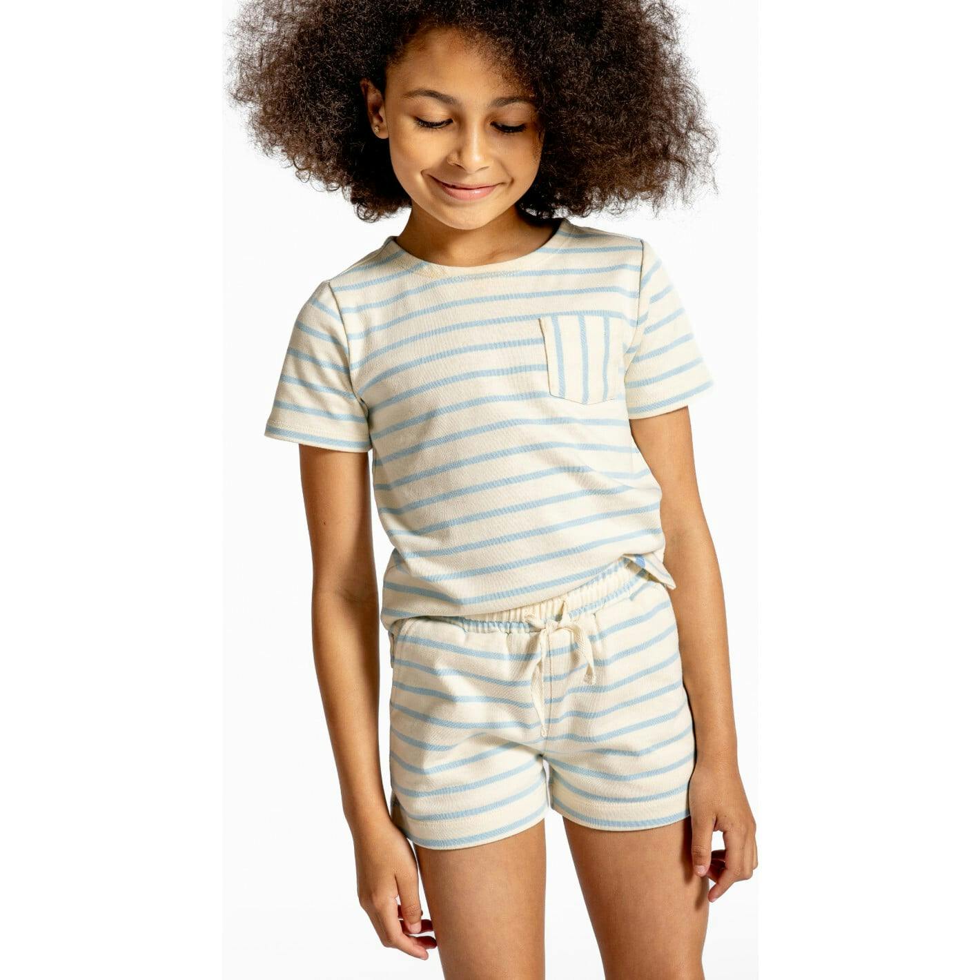 Unisex Cream And Powder Blue Stripe Shorts