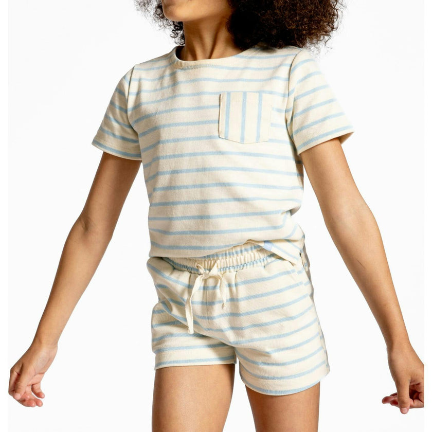 Unisex Cream And Powder Blue Stripe Shorts