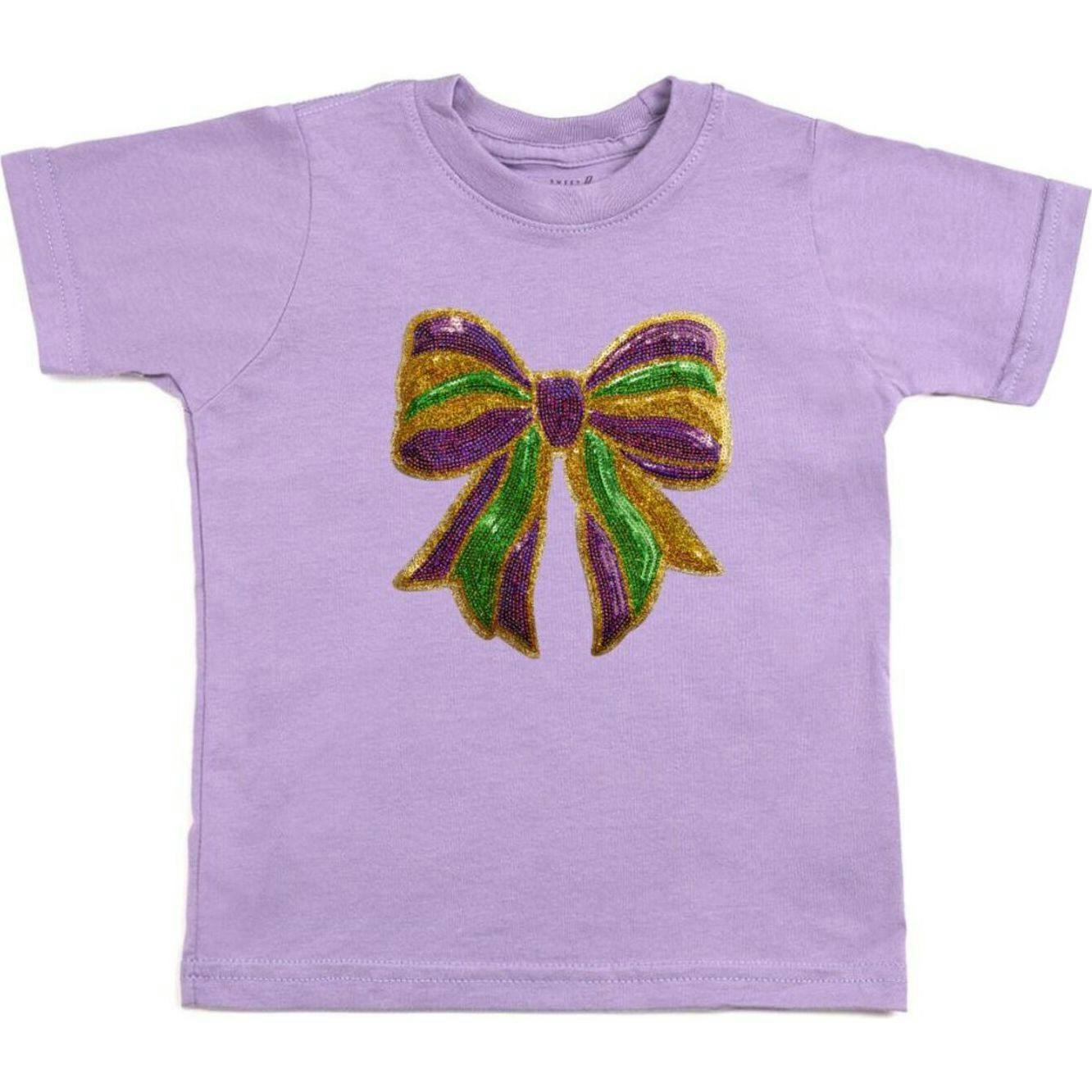 Mardi Gras Sequin Bow Patch Short Sleeve T-Shirt - Lavender