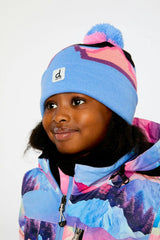 Winter Knit Hat With Pompom Black Printed Mountains