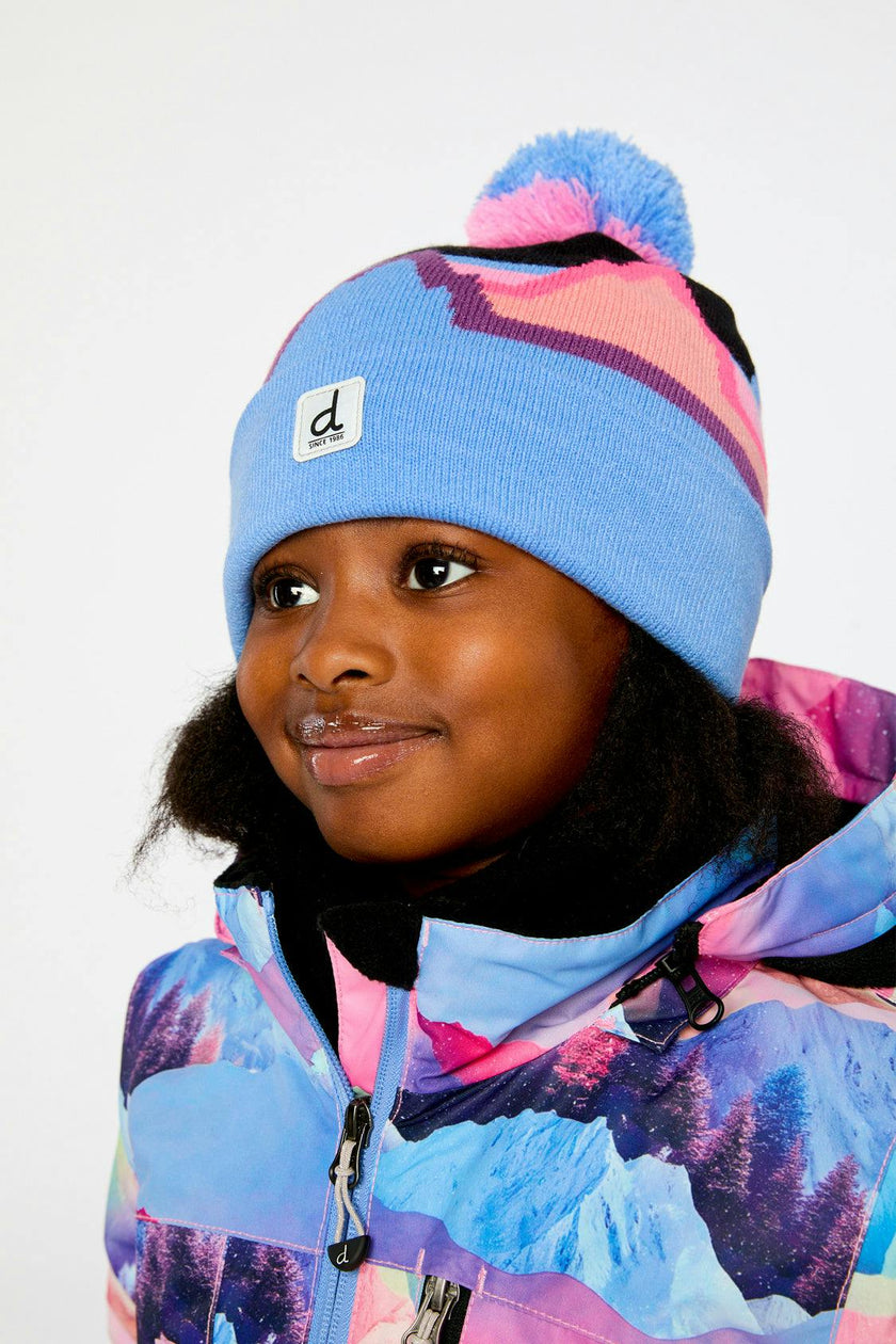 Winter Knit Hat With Pompom Black Printed Mountains