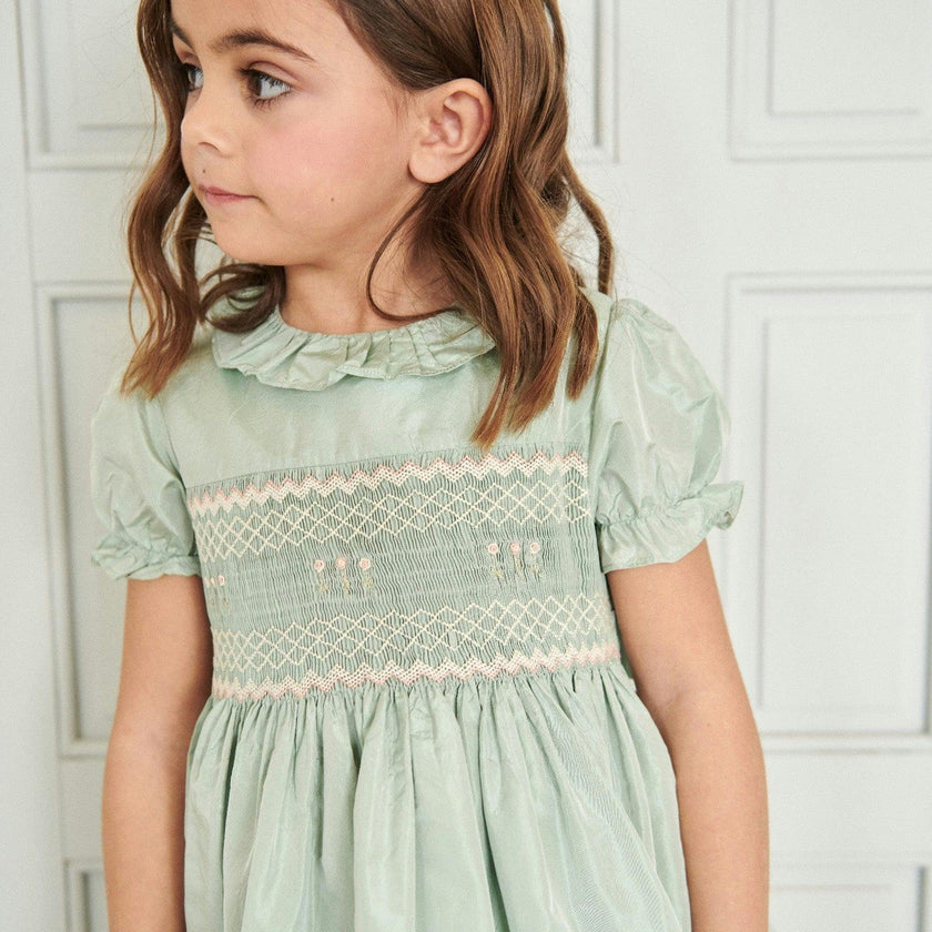 Sage Verity Silk Ceremony Girl Hand-Smocked Dress
