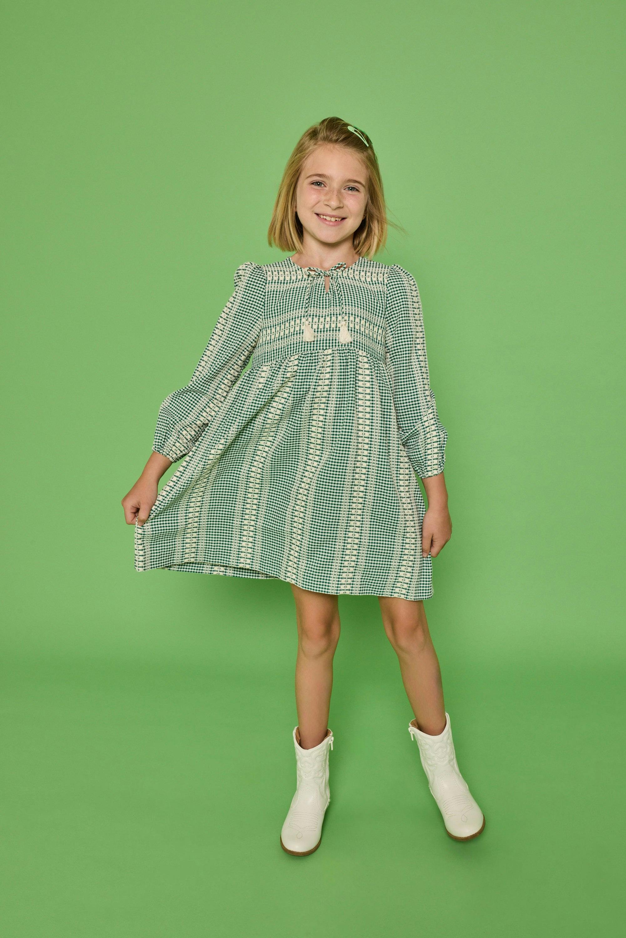 Long Sleeved Riviera Dress - Geneva Gingham Green