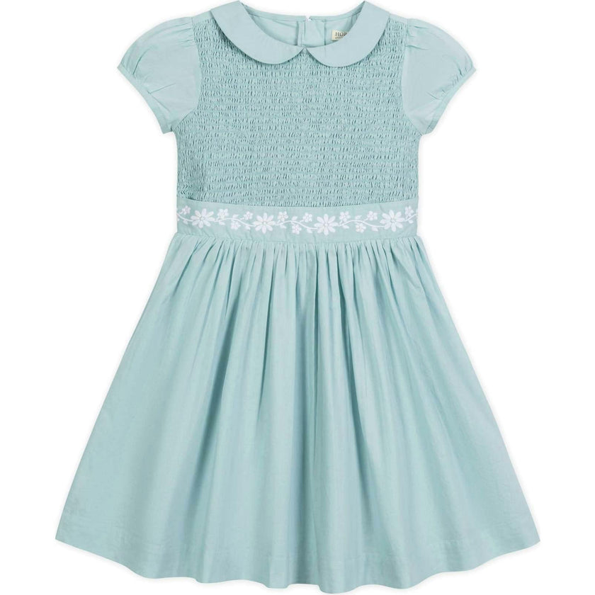 Organic Puff Sleeve Smocked Party Dress with Peter Pan Collar, Blue