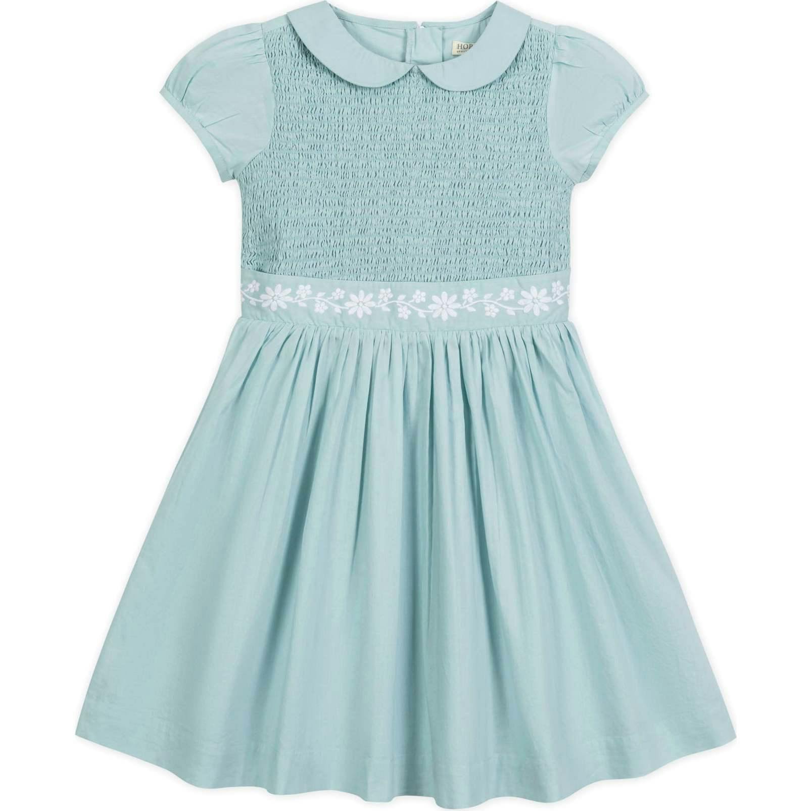 Organic Puff Sleeve Smocked Party Dress with Peter Pan Collar, Blue