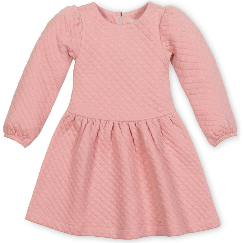 Long Sleeve Quilted Drop Waist Dress, Pink