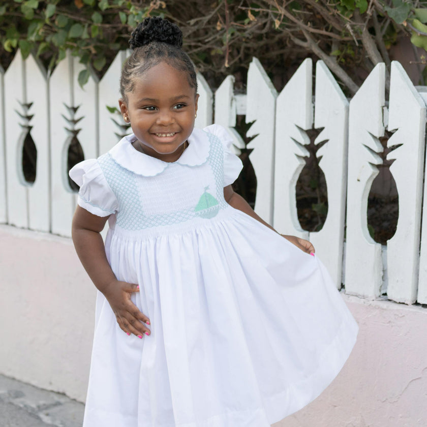 Eloise Dress in Smocked Sailboats